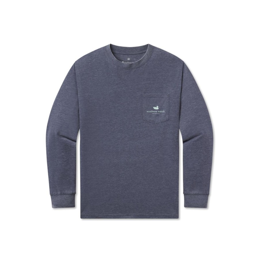 Youth Southern Marsh Seawash Long Sleeve Tees | Youth Seawash Tee | Woodcut Canoe | Long Sleeve Washed Navy