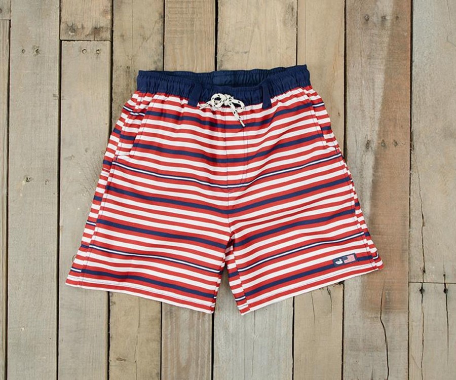 Youth Southern Marsh Swim Trunks | Youth Dockside Swim Trunk - Stripes Red White And Blue With Usa Flag